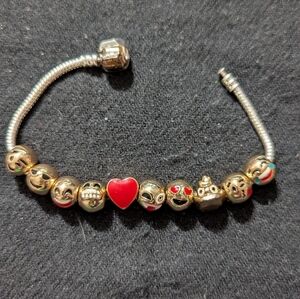 Gold and Silver Tone Emoji with Red Heart Charm Statement Bracelet